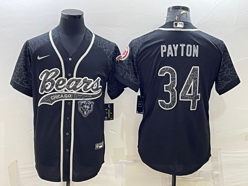 Men's Black Chicago Bears #34 Walter Payton Reflective With Patch Cool Base Stitched Baseball Jersey